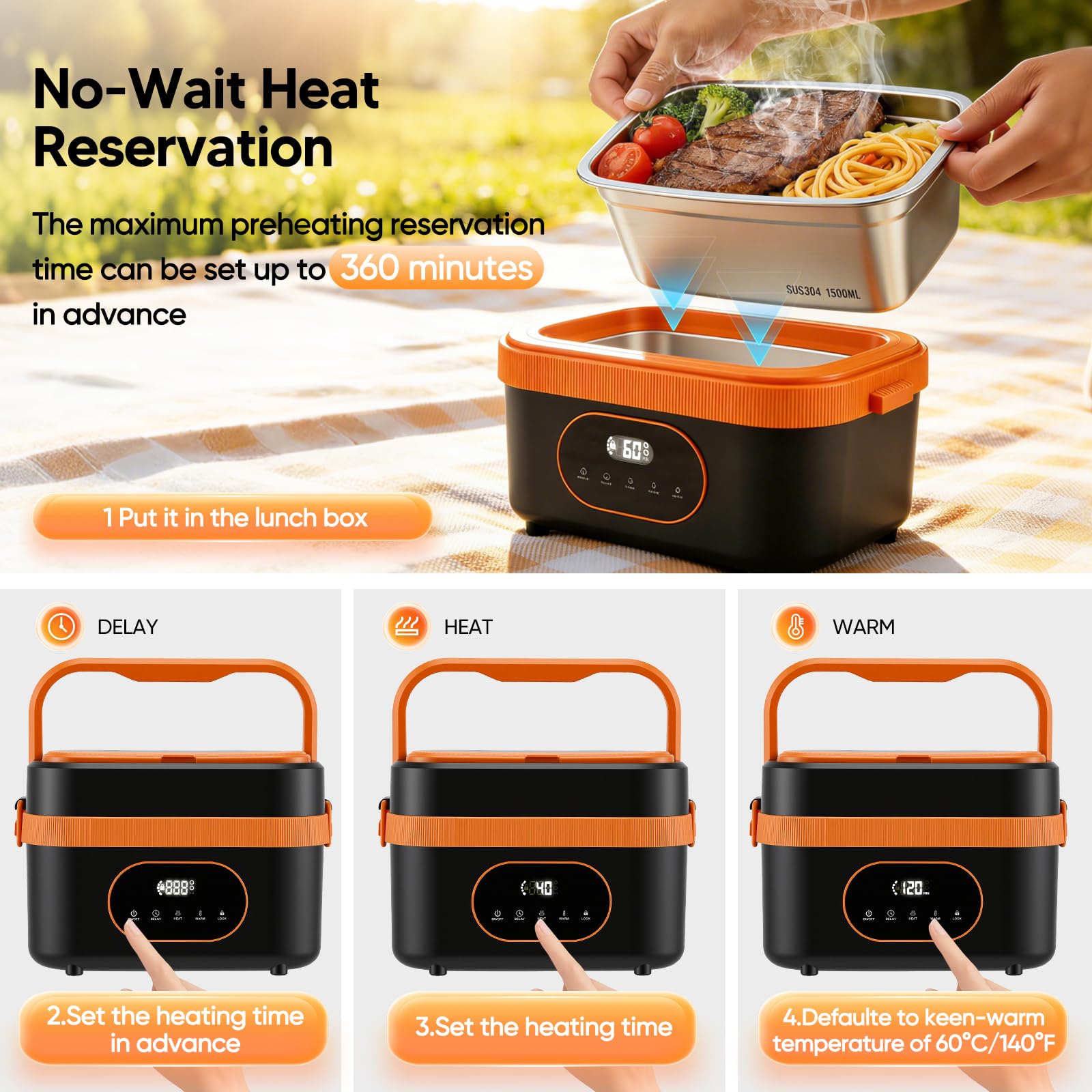 Fiambrera Eléctrica 18000mAh, 1,5L Calentador de Comida Portatil Acero Inoxidable, Lonchera Electrica Trabajo con Bolsa Térmica y Cubiertos Comida Caliente, Lunch Box para Viajes Oficina Camión