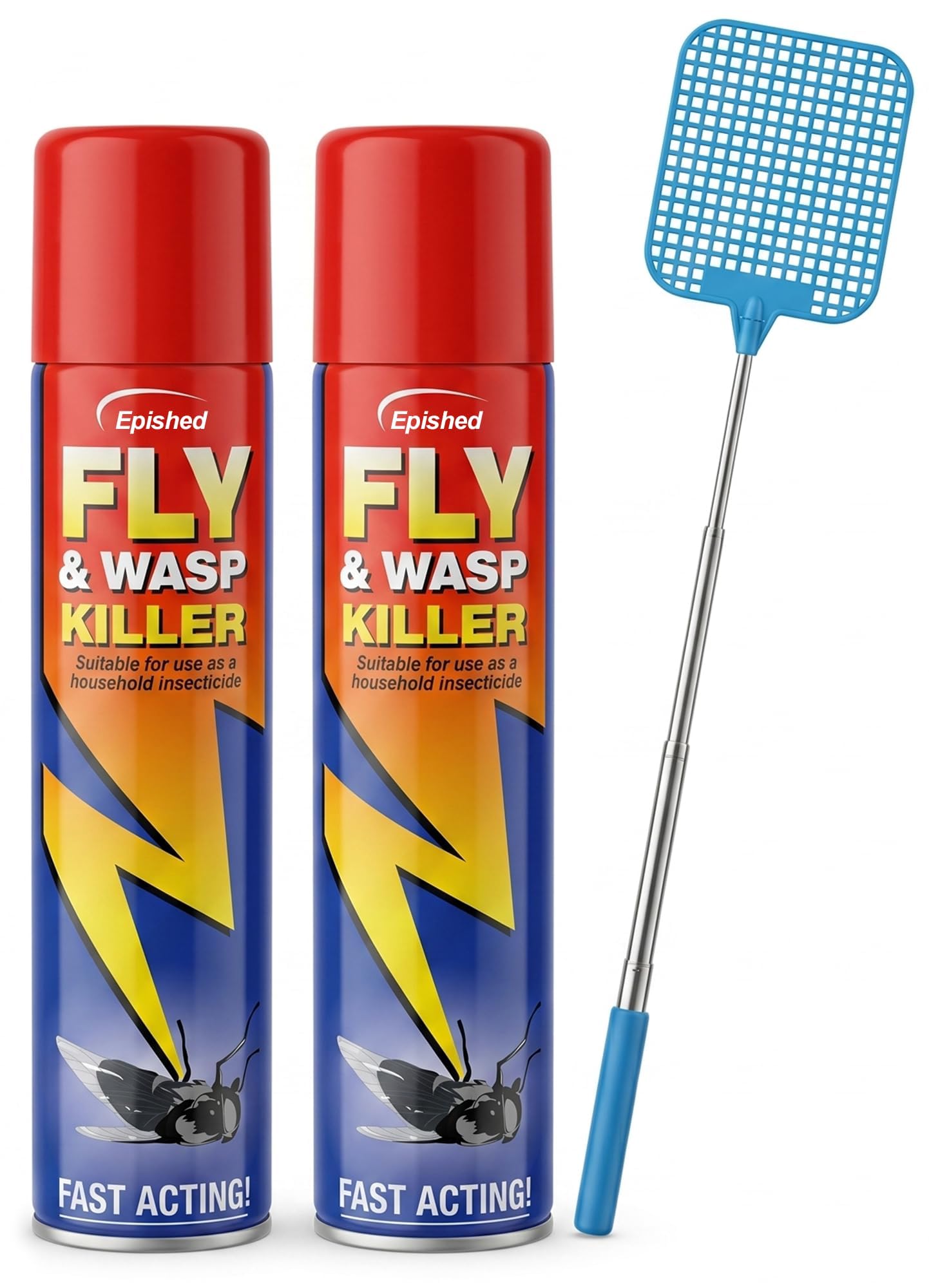 2 x Fly & Wasp Spray with Extendable Fly Swatter – Insect Control Kit for Home & Garden | Fast Acting Bug Spray & Telescopic Swatter for Flies Wasps & Flying Insects