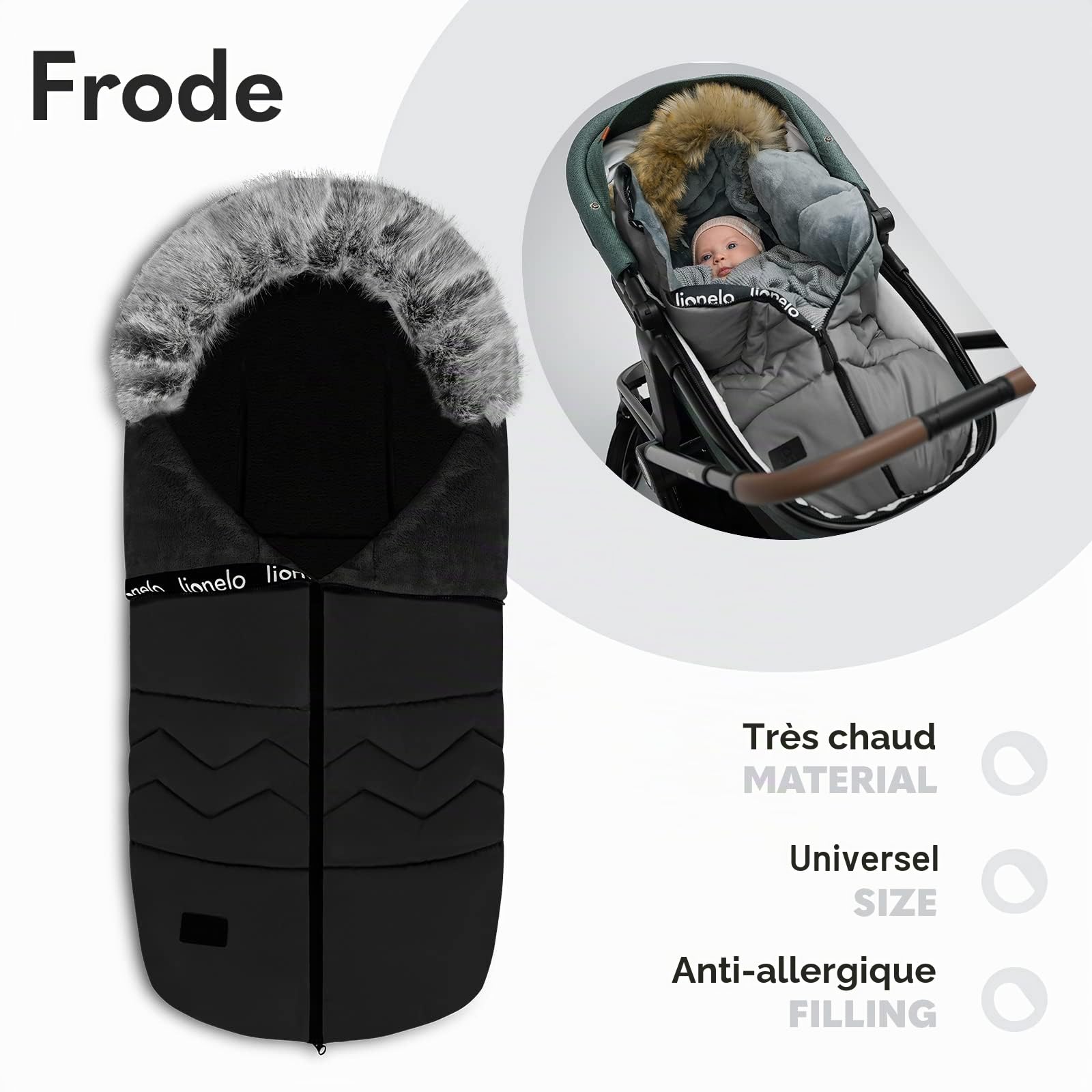 lionelo Frode Turbulette pour Enfants, pour luges, sièges Auto, poussettes, antiallergique, imperméable, Chaud, Fourrure, Hiver, 90x45 cm (Black)