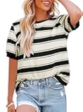 Womens Summer Tops 2026 Striped Color Block Short Sleeve Fashion T-Shirts Crewneck Casual Loose Basic Tee Blouses
