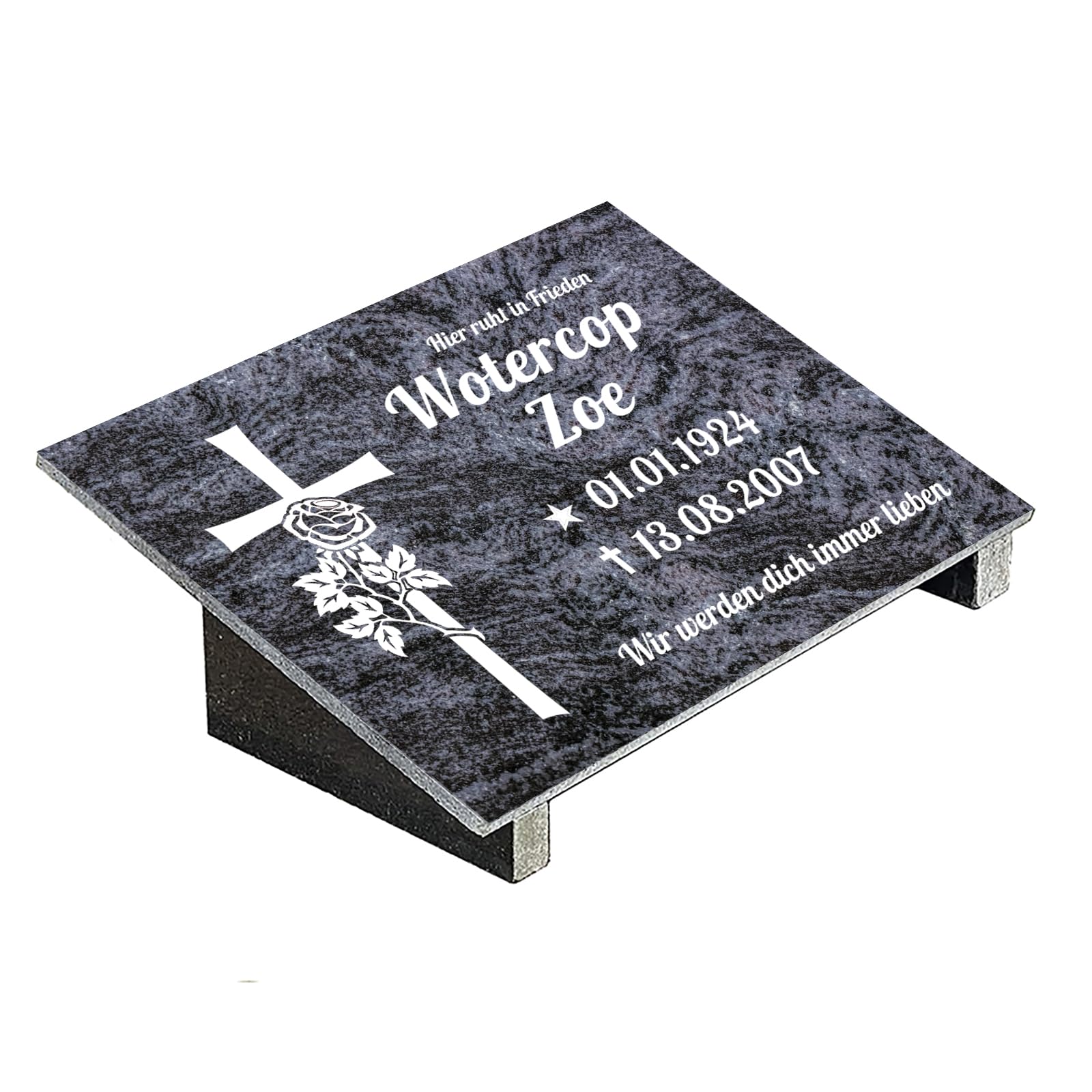Grabplatte mit Inschrift aus Granit Orion Blue, personalisierbar Gedenktafel für Urnengrab, Wählmotiv, Grabstein für 1-2 Pers., Urnengrabstein (Orion Blue, 30x40cm mit Stützen, Kreuz)