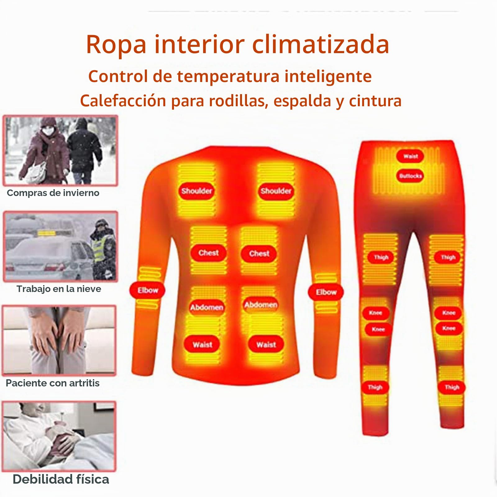 Conjunto de ropa interior con calefacción acogedora para mujer y hombre, 6 zonas con forro polar eléctrico con calefacción USB, pantalones calefactables de manga larga, camisetas con 3 niveles de cale