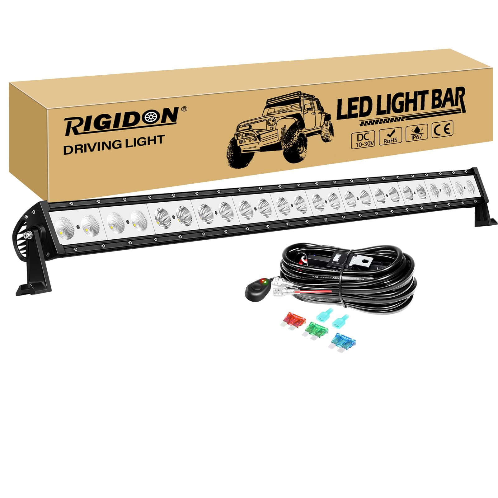 RIGIDON Jednorzędowa samochodowa listwa świetlna LED, 49 cali, 120 W, 12000 LM, z wiązką 12 V, 16 AWG, do samochodów terenowych, UTE, ATV, 4x4, łodzi, lampa samochodowa, lampa przeciwmgielna 6000 K