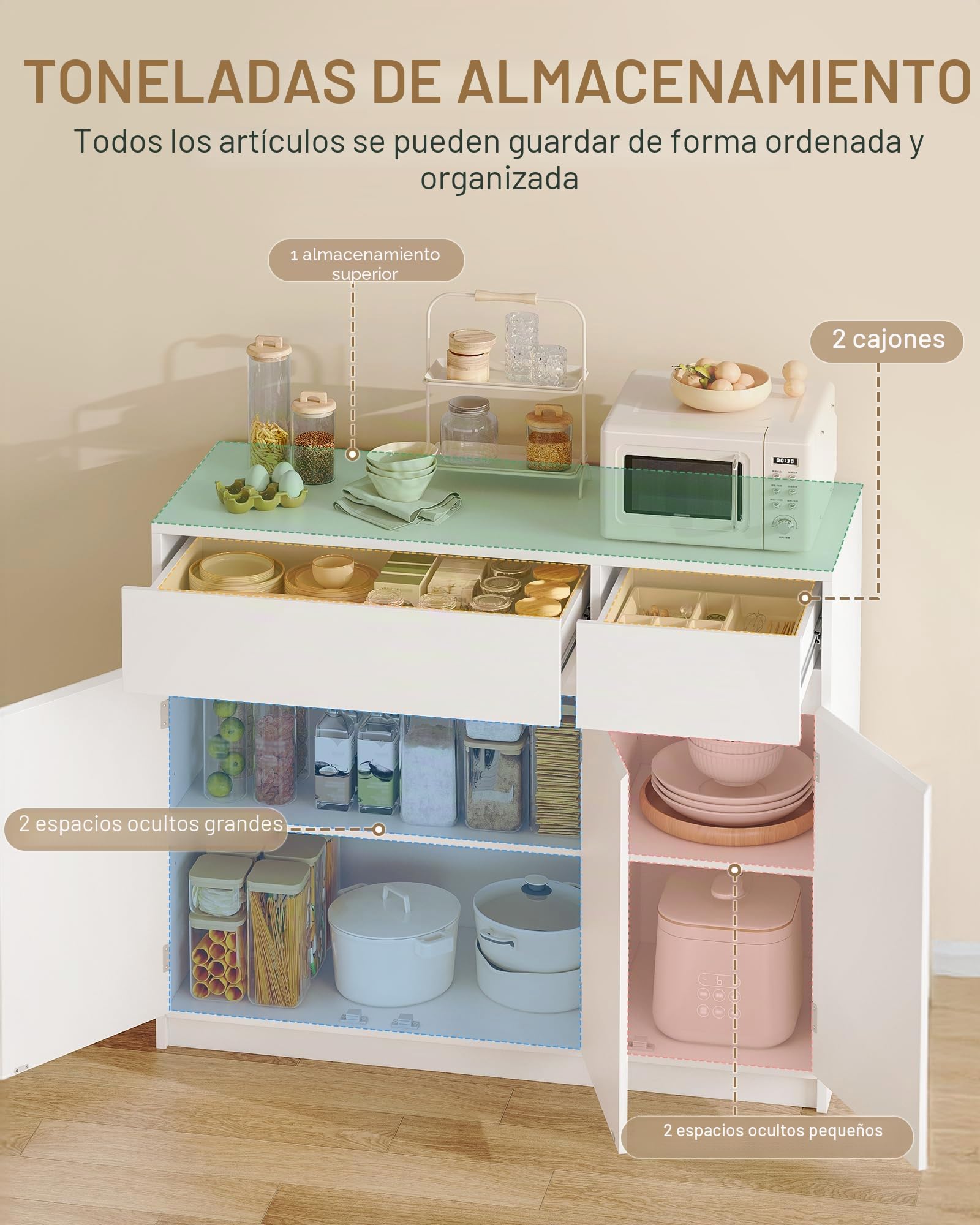 Hzuaneri Aparador, Armario de Almacenamiento, Aparador Cocina con con 2 Cajones y 3 Puertas, Estantes Ajustables, Estilo Moderno, 33 x 100 x 81,5 cm, para Cocina, Salón, Blanco SC32003X