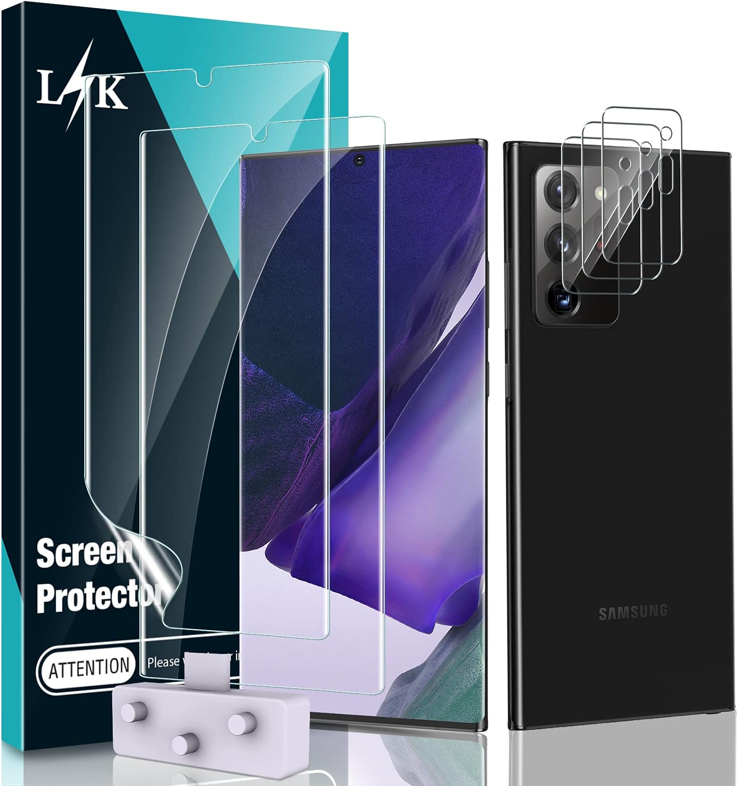 [2+3 Pack] LϟK Designed for Samsung Galaxy Note 20 Ultra 5G 6.9 Inch, 2 Pack TPU Film Screen Protector & 3 Pack Camera Lens Protector, Ultrasonic Fingerprint Supported, Locate Tool Precise Alignment