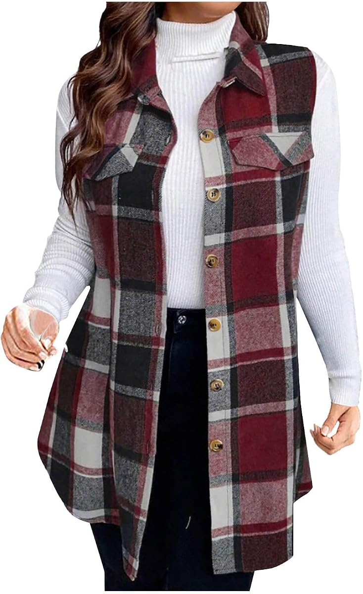 Plaid Long Vest for Women Lapel Collared Button Outerwear