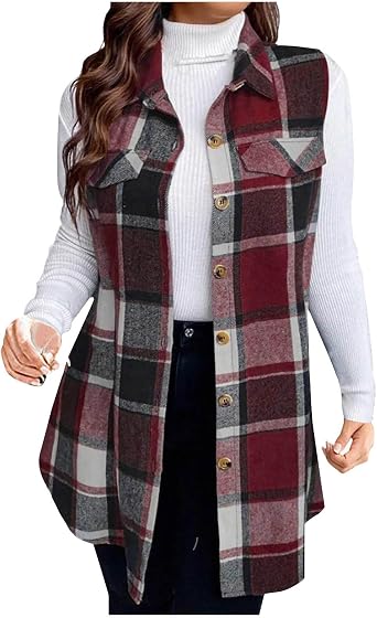 Flannel Plaid Vest for Women Sleeveless Button Down Shacket Shirt Waistcoat Lapel Neck Fall Blazer Jacket Outerwear