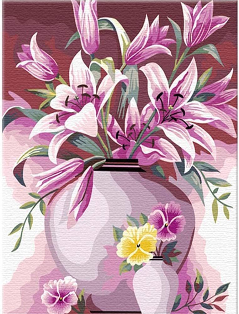 DIY Paint by Numbers Kit for Adults Pink Flowers Vase Paint by Number Kit On