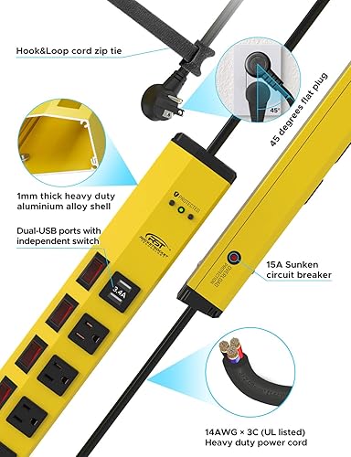 Miniatura 4 de CRST Regleta de alimentación resistente de 6 salidas con USB e interruptores individuales, 1200 julios, protector de sobretensiones montado en