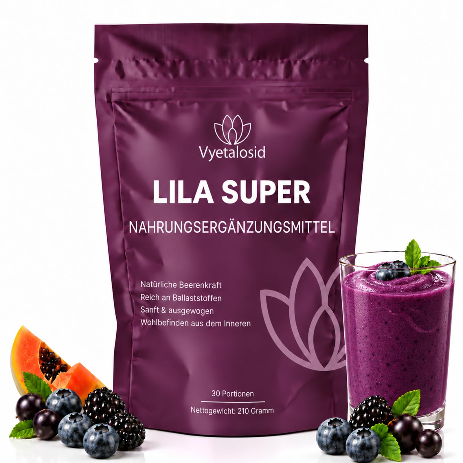 Lila Superfood Pulver,Grüne Entgiftungspulver Leben mit Gerstengras,Heidelbeeren,Acai pulver,vegane Pflanzenmischung für den Alltag