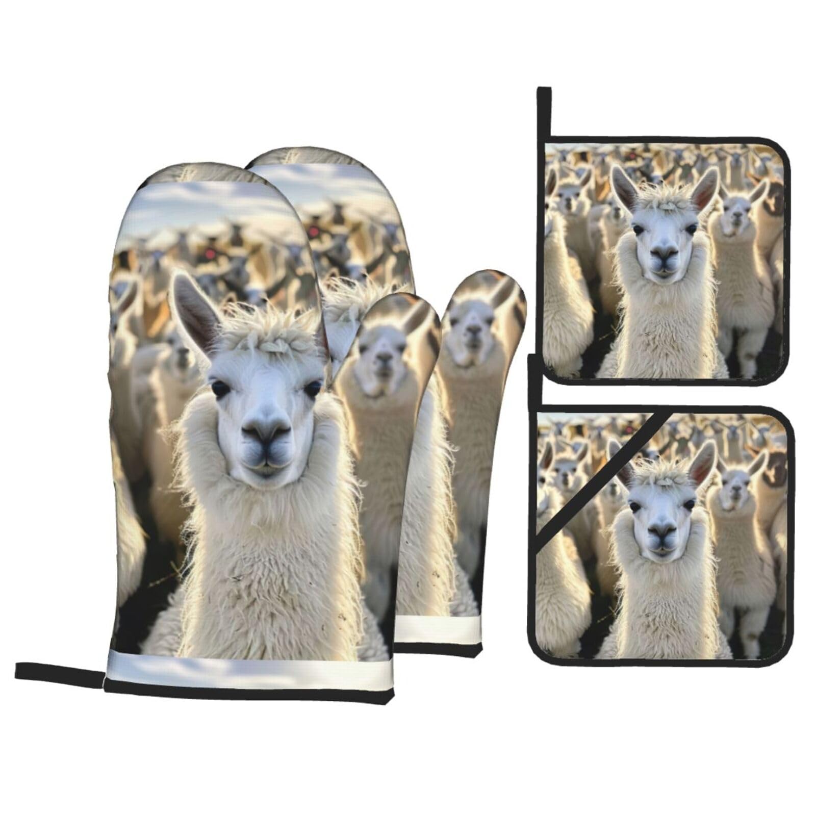 Cute Llama Print Kitchen Oven Mitts And Pot Holders Set,Hanging Loop Design For Cooking Baking Bbq