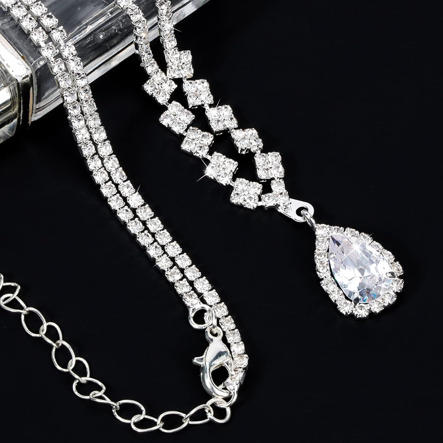 CIEHER 4/5 Pieces Women Jewelry Set - Rhinestone Crown + Drop Necklace + Elegant Bangle Bracelet + Crystal Teardrop Dangle Earrings for Bridal Wedding Party - Image 5