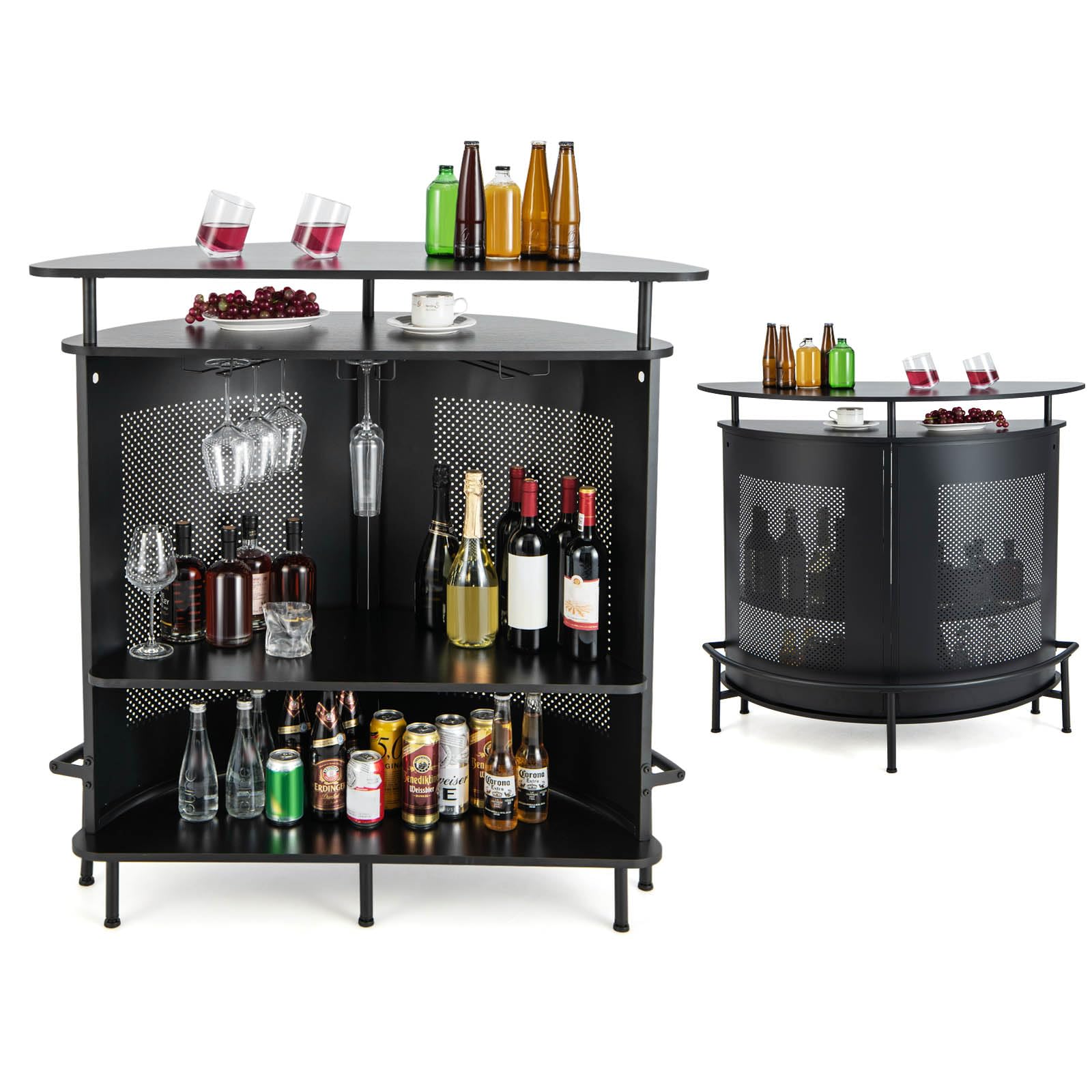 KOMFOTTEU Mesa Alta de Bar con Estante Elevado y Portavasos, Mesa Barra de Cocina de 4 Niveles de Metal, Mueble de Comedor Industrial con Patas Ajustables (Semicircular)