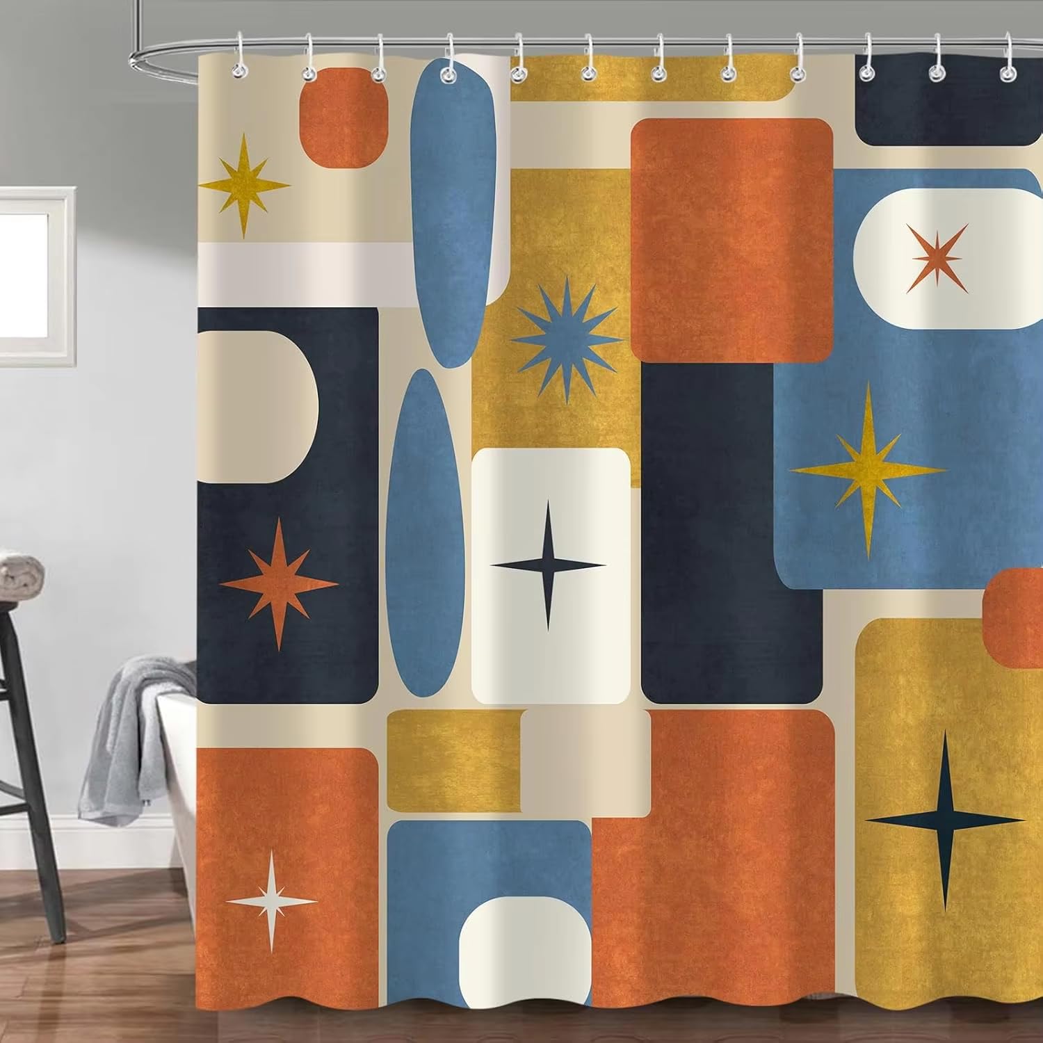Duschvorhang 240x200 mit Geometrischem Sternenmuster im Mid-Century-Modern-Stil,Abstrakter Retro-Badezimmervorhang mit Haken,Ästhetischer,Wasserdichter Badewannenvorhang aus Polyestergewebe,Farbenfr