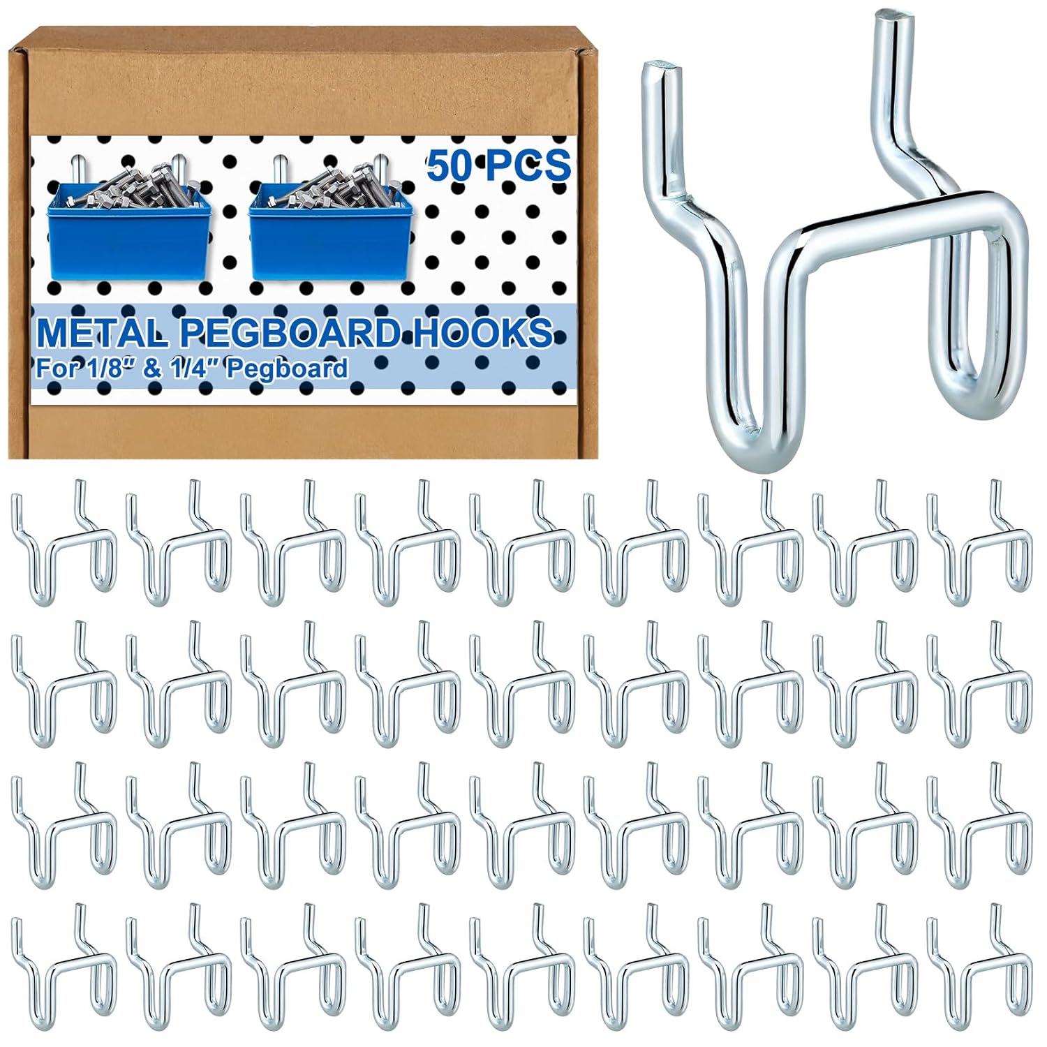 Tandefio 50 Pcs Heavy Duty Metal Pegboard Slatwall Hooks and Hangers U Shaped Hooks Bulk for Hanging Tools 1/8 Inch and 1/4 Inch Pegboard Bins or Slatwall Retail Shops Garage Workshop Craft
