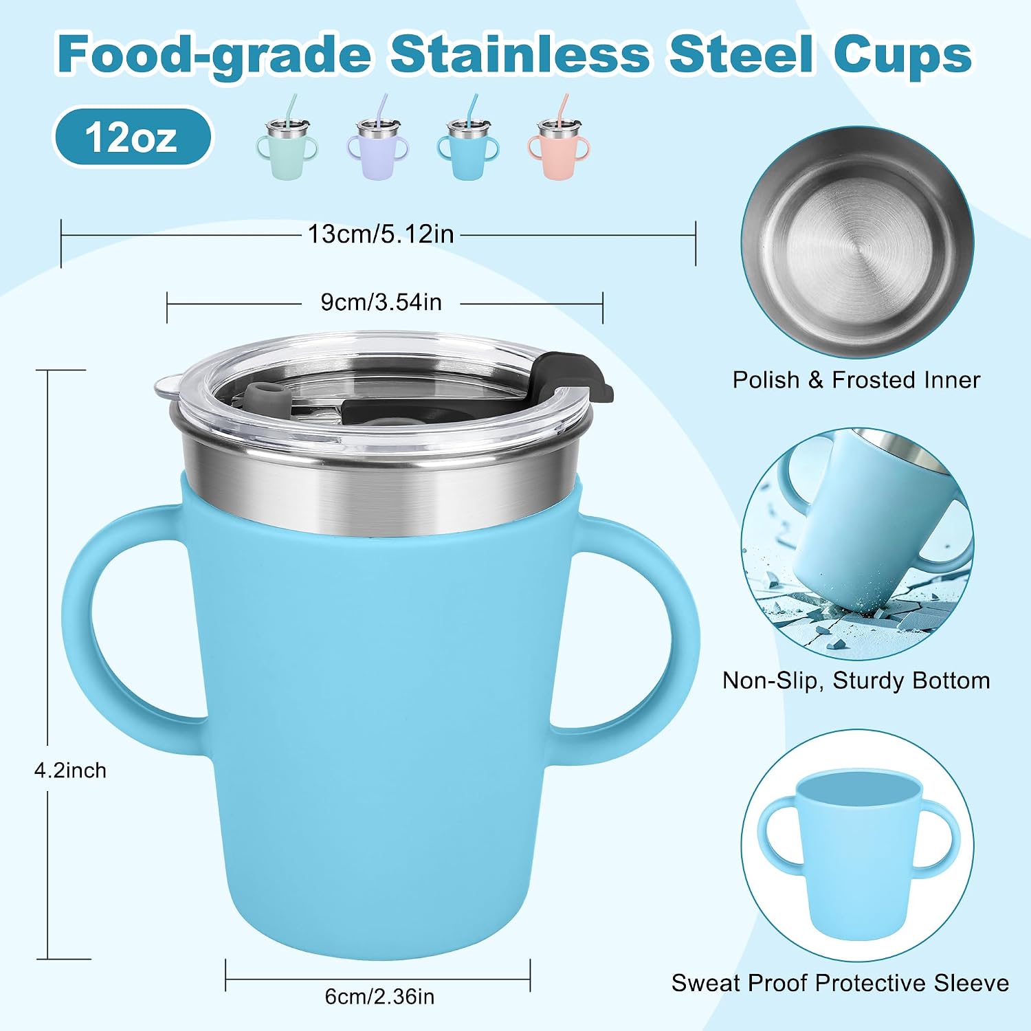 12oz Stainless Steel Kids Cups with Handle for Toddlers, 4 Pack