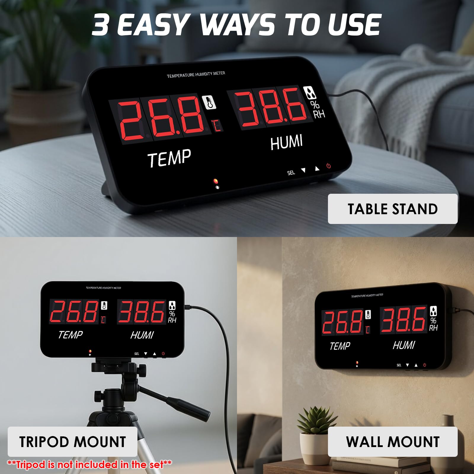 Termómetro higrómetro digital con pantalla LED grande, monitorea temperatura y humedad interiores, alarmas sonoras y visuales ajustables, sonda integrada, USB-C, montaje en pared o en mesa. en la