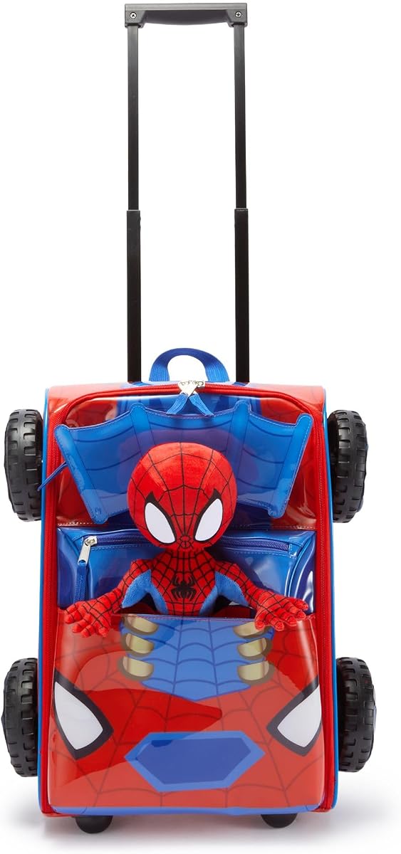Equipaje con ruedas oficial de Spider-Man para niños - Bolsa de viaje con diseño de Spidey y sus increíbles amigos y ruedas giratorias - Maleta de viaje de vinilo con asa retráctil
