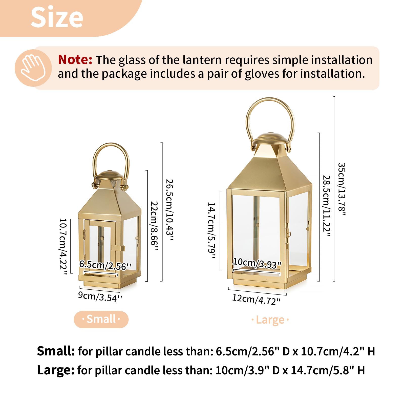 NUPTIO Lanterne dorate decorative per interni: lanterna in metallo alta 21,6 cm con vetro per candela a pilastro, decorazione per camino, casa, soggiorno, mantello, portico, matrimonio