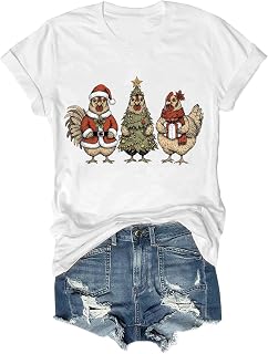 Funny Christmas Chicken Shirt for Women Men, Santa Tree Gift Hen Graphic Top, Cute Chicken Lover