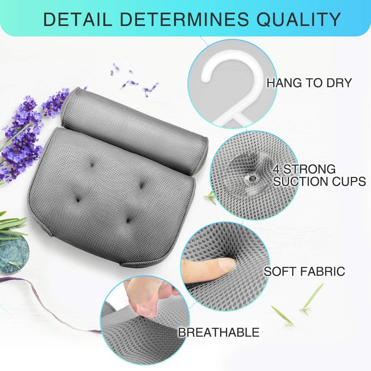 Essort Bathtub Pillow, Large Spa 3D Air Mesh Gray Bath Pillow, Luxury Comfortable Soft Bath Cushion Headrest, for Head Neck Shoulder Support Backrest, Fits Any Size of Tubs
