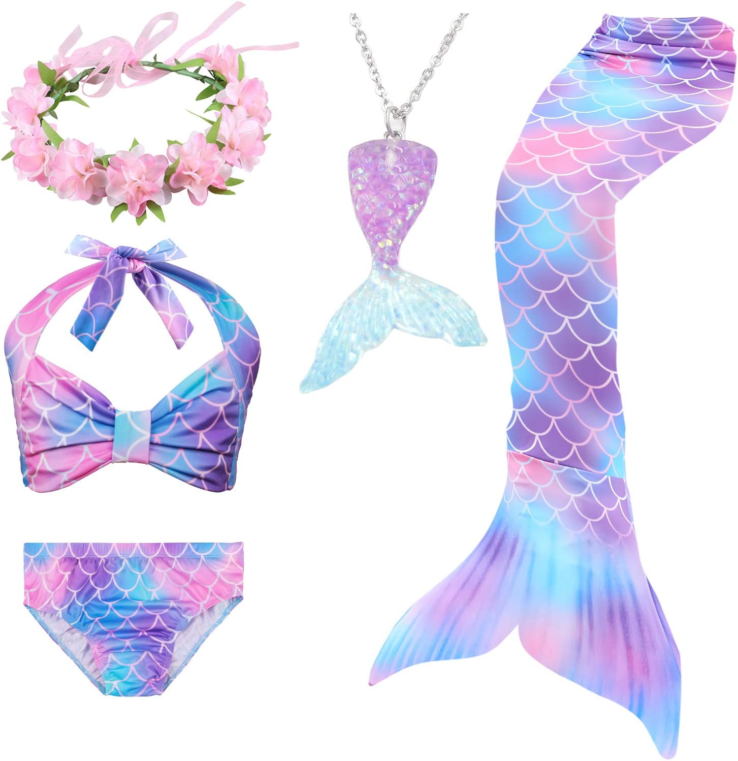 Bxysxly5Pcs Kids Swimsuit Mermaid Tails for Swimming for Girls Bikini Costume Sets with Flower Headband (No Monofin)