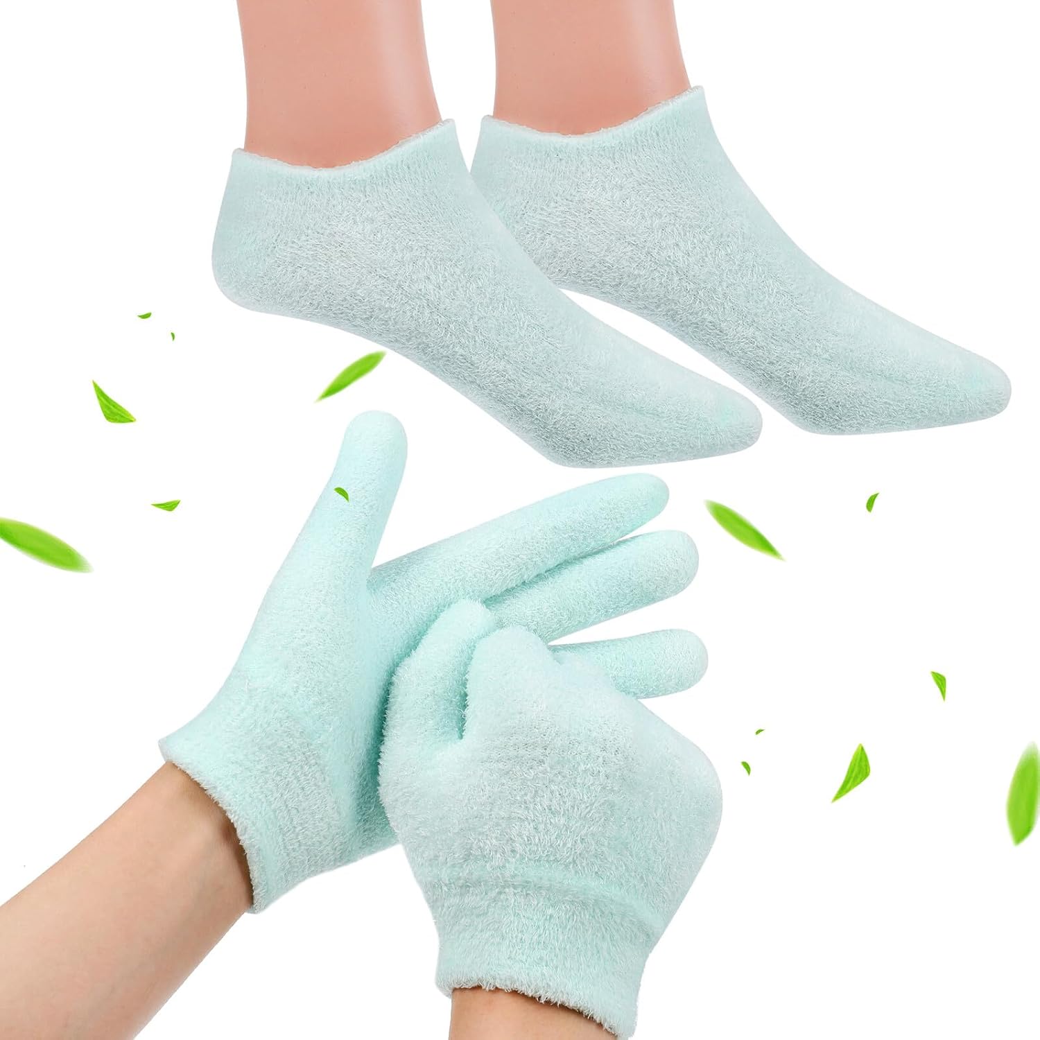 TEHAUX Moisturizing Gel Gloves and Socks 4pcs for Women Hand and Foot Care Therapy Cracked Skin Repair Green Knit Gel Gloves with Soft Yarn Socks
