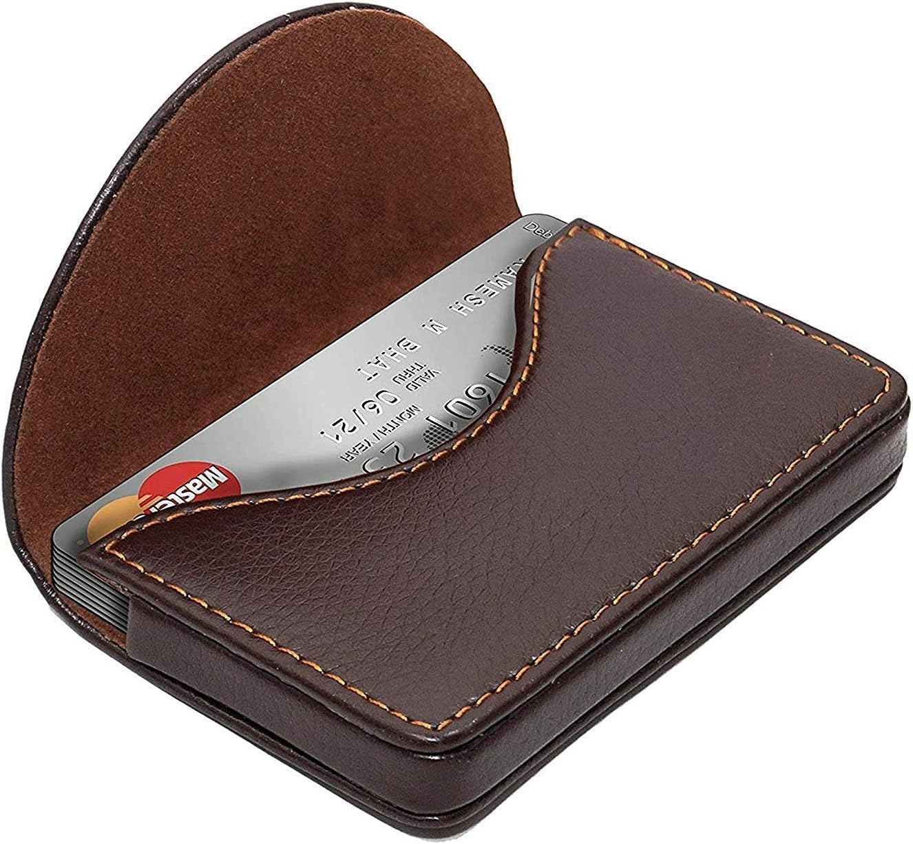 Leather Small Pocket Sized Credit Card Holder Name Card Case Wallet with Magnetic Shut for Men & Women (Brown)