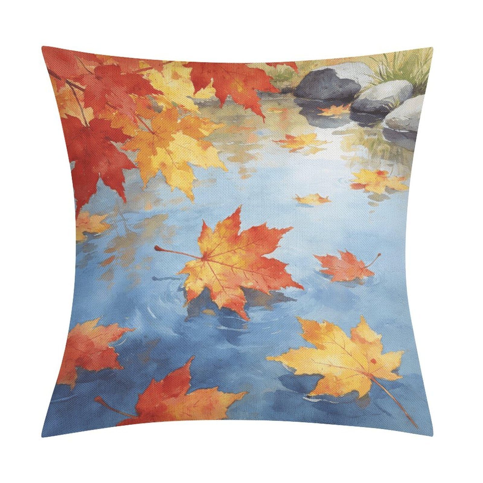 LZQPOEAS Fall Maple Leaves Throw Pillow Covers, Waterproof Faux Linen Pillow Cases with Invisible Zipper, Decorative Square Cushion Covers for Sofa Couch Living Room Bedroom 18x18 Inch