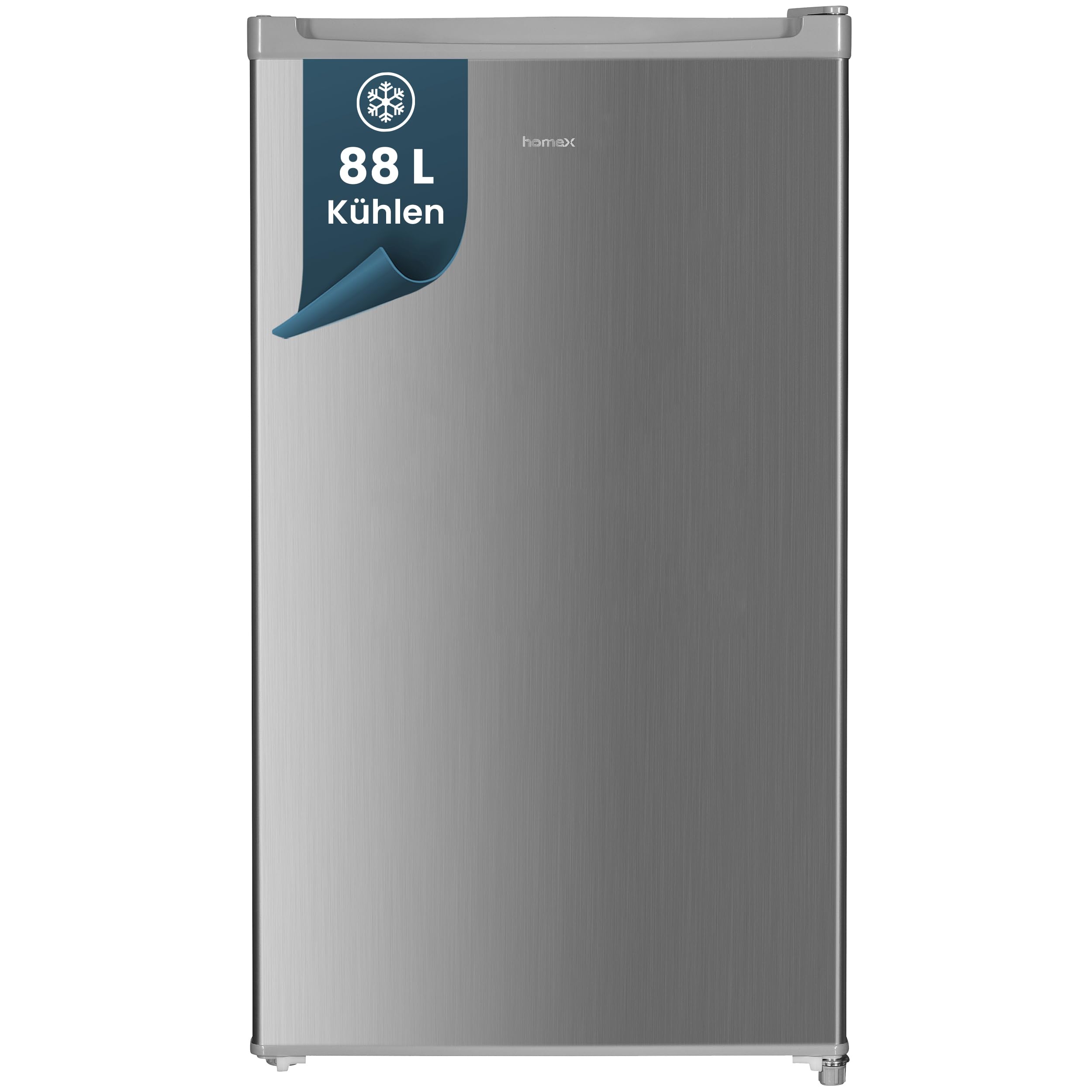 homeX Kühlschrank ohne Gefrierfach, Vollraumkühlschrank klein - 88L Nutzinhalt, freistehend und kompakt, Tischkühlschrank leise 39 dB, Fridge mit Innenbeleuchtung, silber, CS1016-S