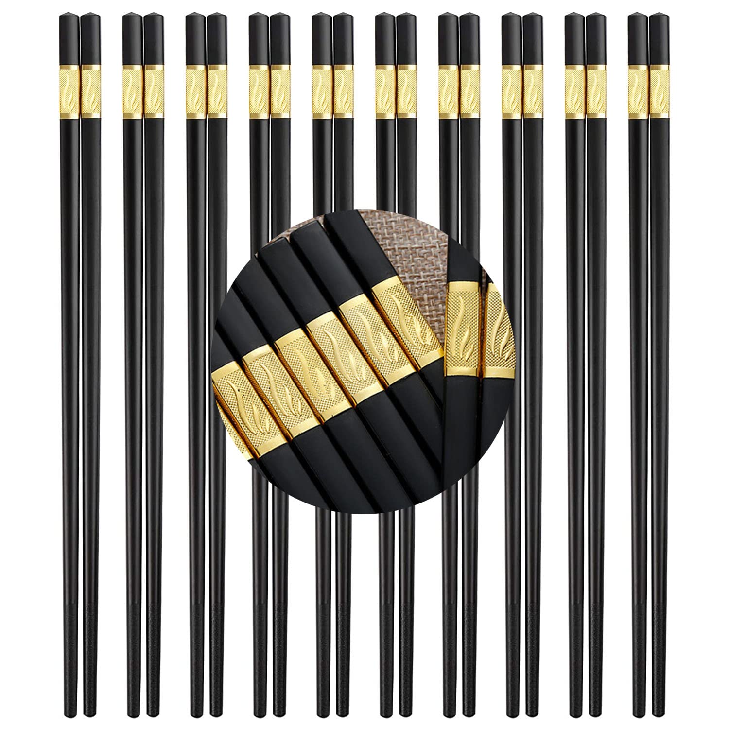 BNCHI 10 Pairs Reusable Chopsticks, Gold Three-Leaves Fiberglass Chopsticks Dishwasher Safe 9.5 Inch