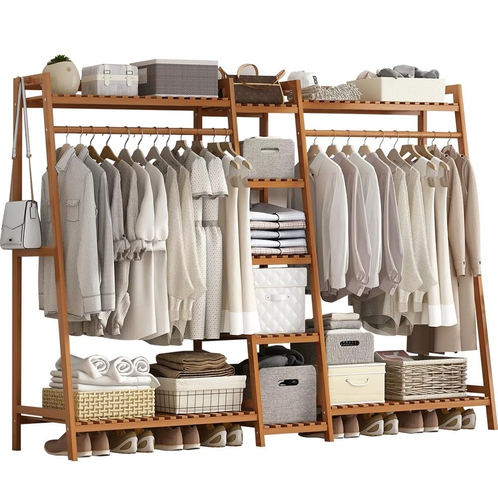 XDLEDMKIZ Bamboo Freestanding Clothes Rack with Top Shelf and Garment Rack for Bedroom and Entryway Storage