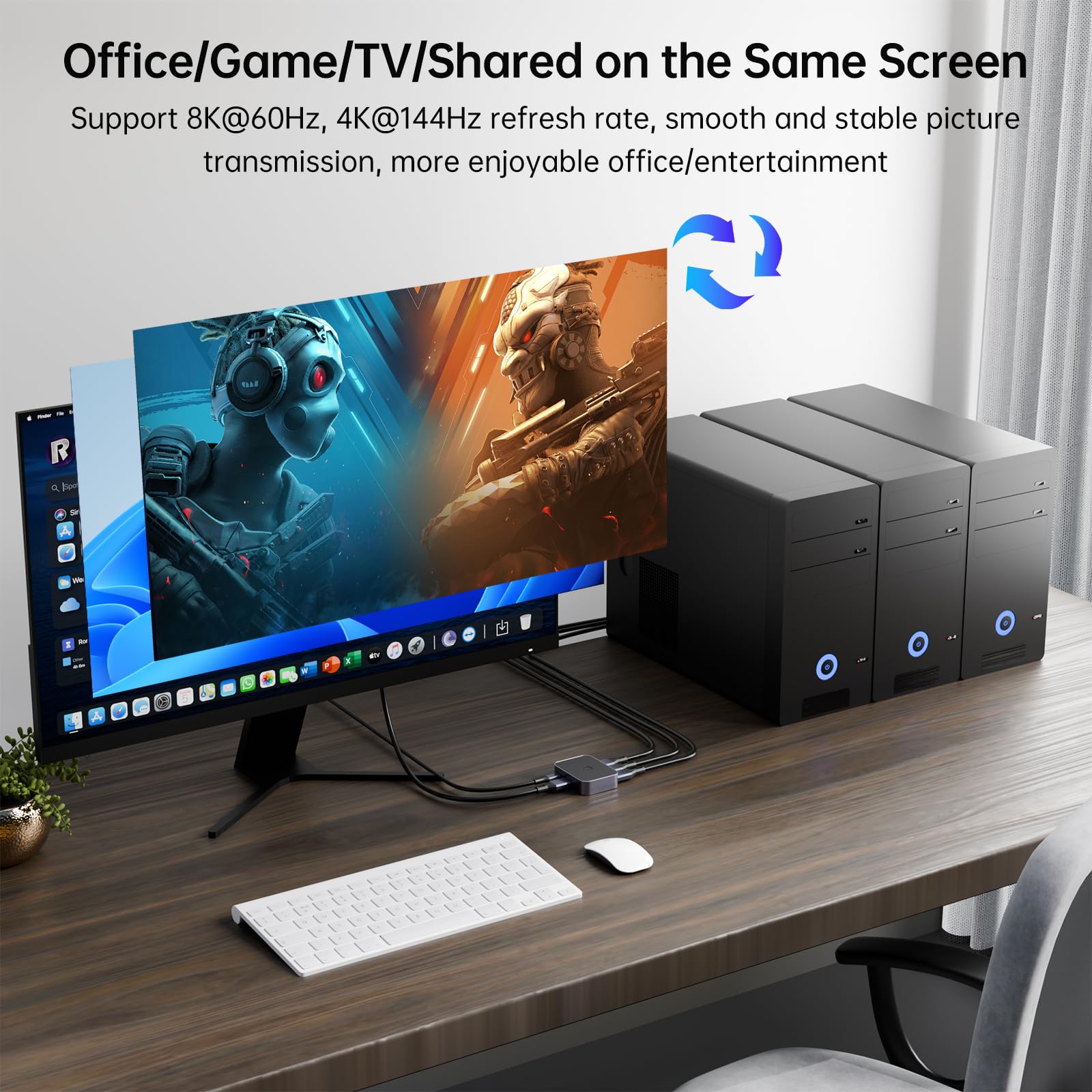 Switch 8K DisplayPort 1.4, DP Switcher 3 in 1 Out, 8K@60Hz 4K@144Hz, interruttore On-click, supporta Dolby Atmos, HDR, DTS, DSC, UHD per PC Monitor Laptop