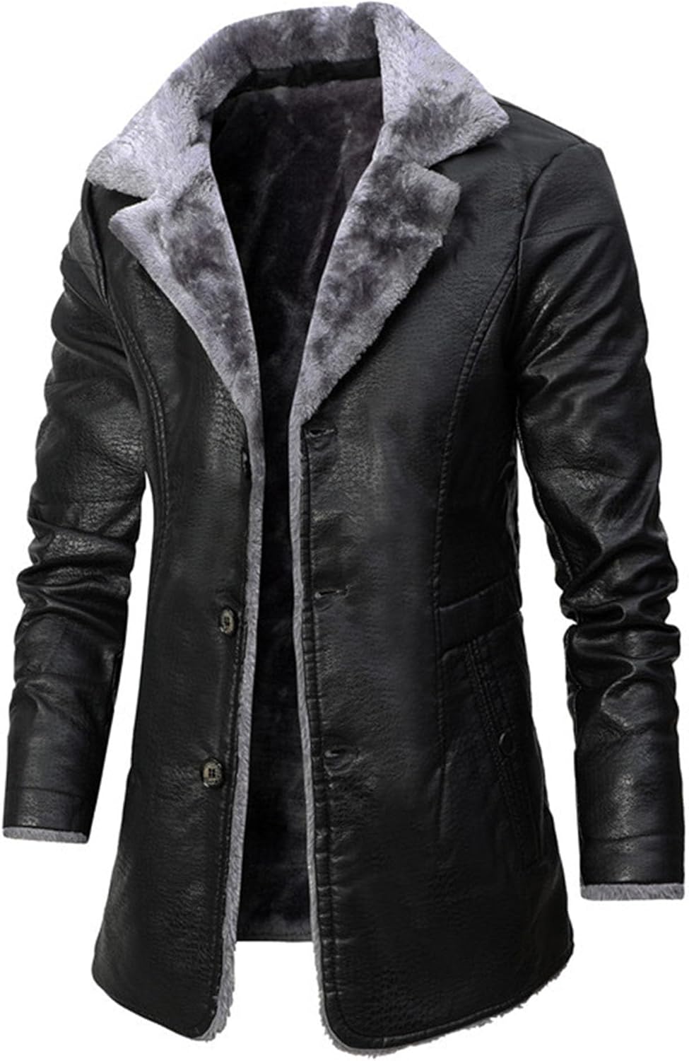 JEShifangjiusu Mens Leather Jacket Outerwear 3/4 Length Faux Leather Fur Coat Long Pu Leather Jacket Lined Trench Coat