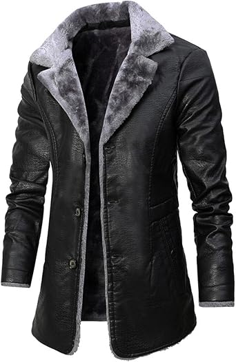 Maiyifu-GJ Mens Faux PU Leather Vintage Jacket Fleece Sherpa Lined Long Trench Coats Fur Collar Windbreaker Overcoat