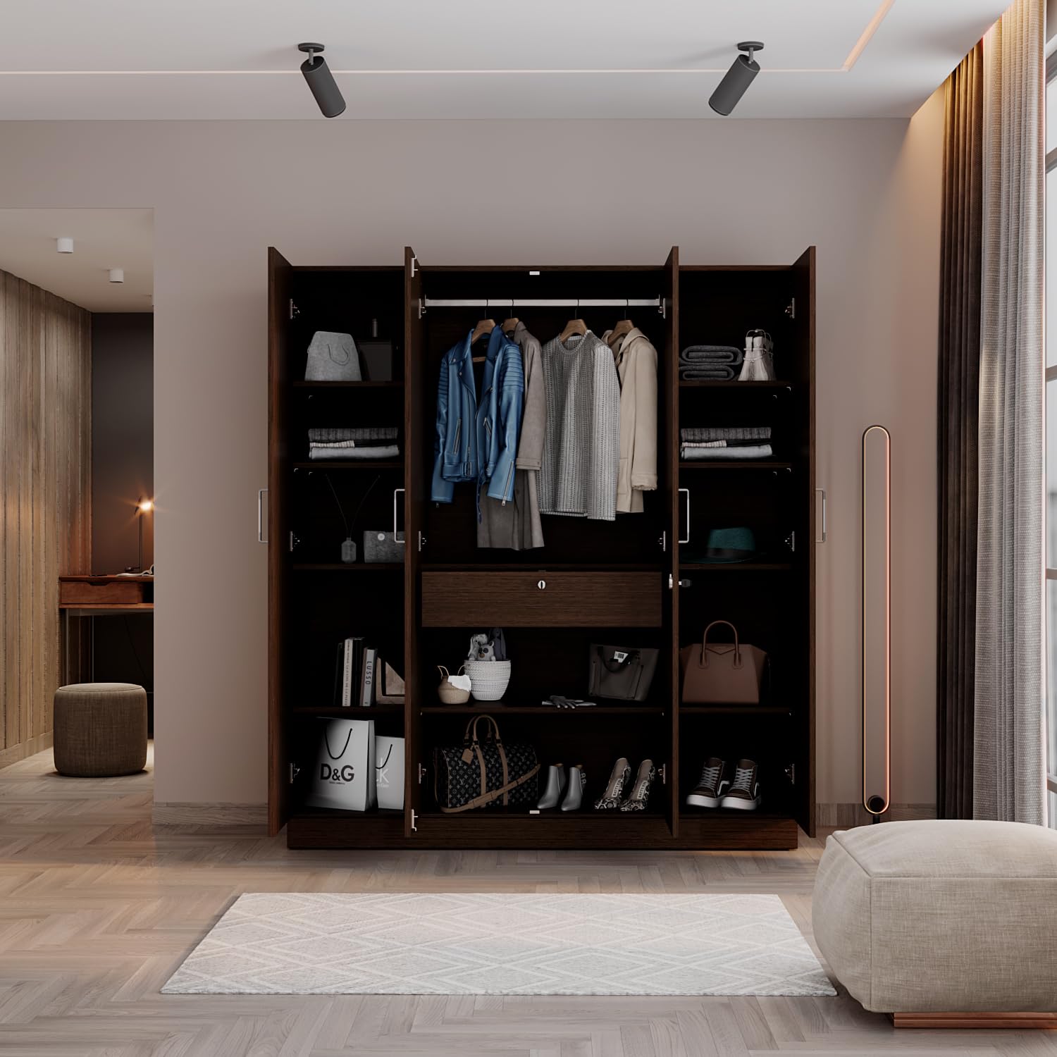 Wakefit Wardrobe | 1 Year Warranty | Engineered Wood Almirah, Cupboard for Clothes Storage | 4 Door, Mirror, 1 Drawer, 1 Hanging Space | Gingham - Wenge