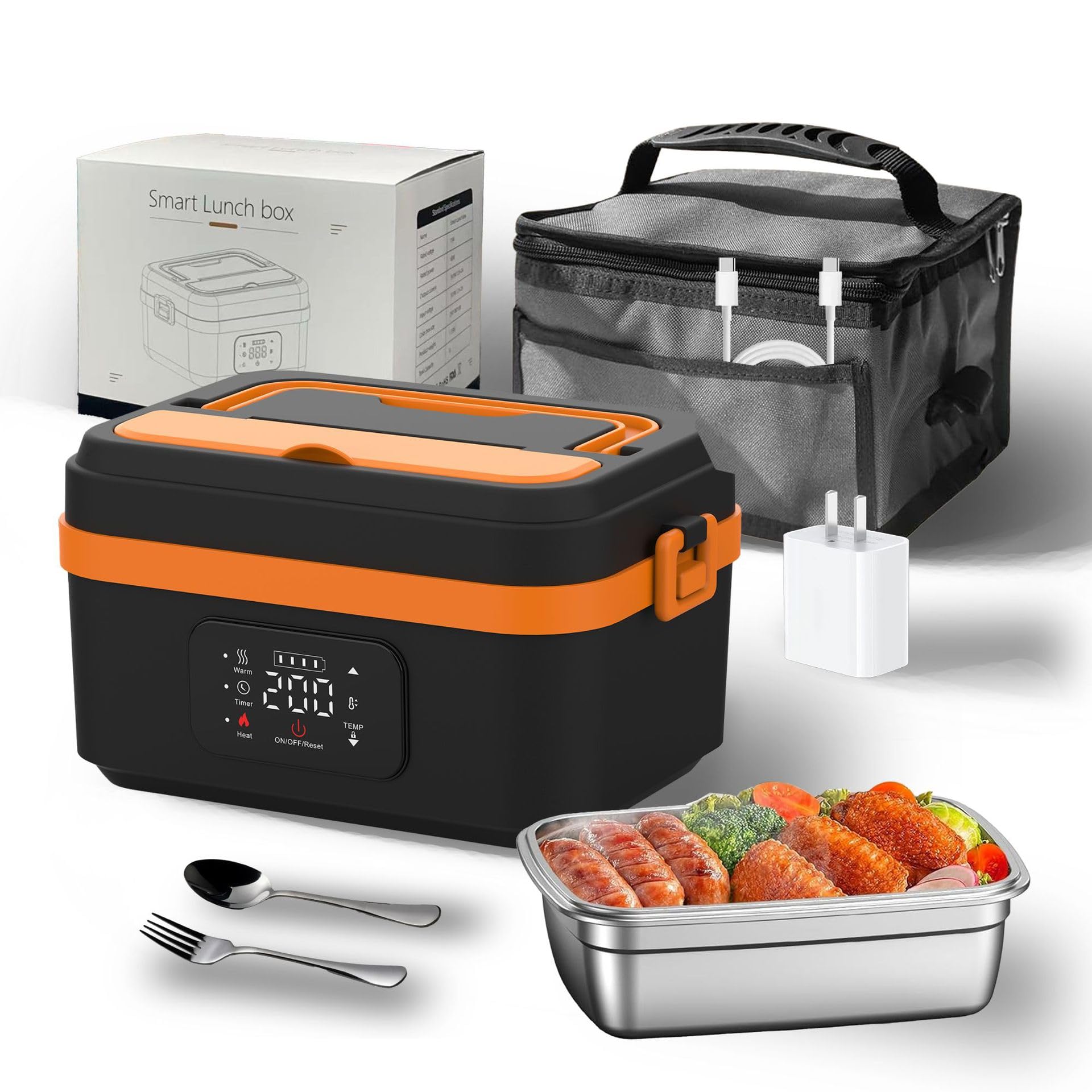 HYQNG Cordless Electric Lunch Box for Adults, 1L Portable Self Heating Lunchbox with Fork Spoon & Carry Bag, stainless steel Food Warmer, for Work Office Picnic Car Camping Travel & Outdoor
