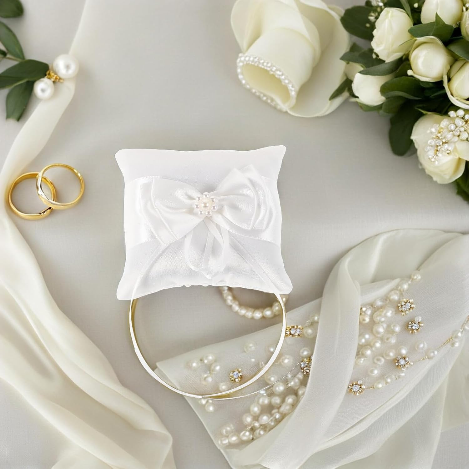 VICASKY Ring Pillow with Bowknot, White Polyester Wedding Holder