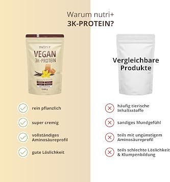 Nutri + 3K Protein Powder Vegan Vanilla Caramel Toffee Flavour 1 kg 80% Protein Low in Sugar Shake 1000 g