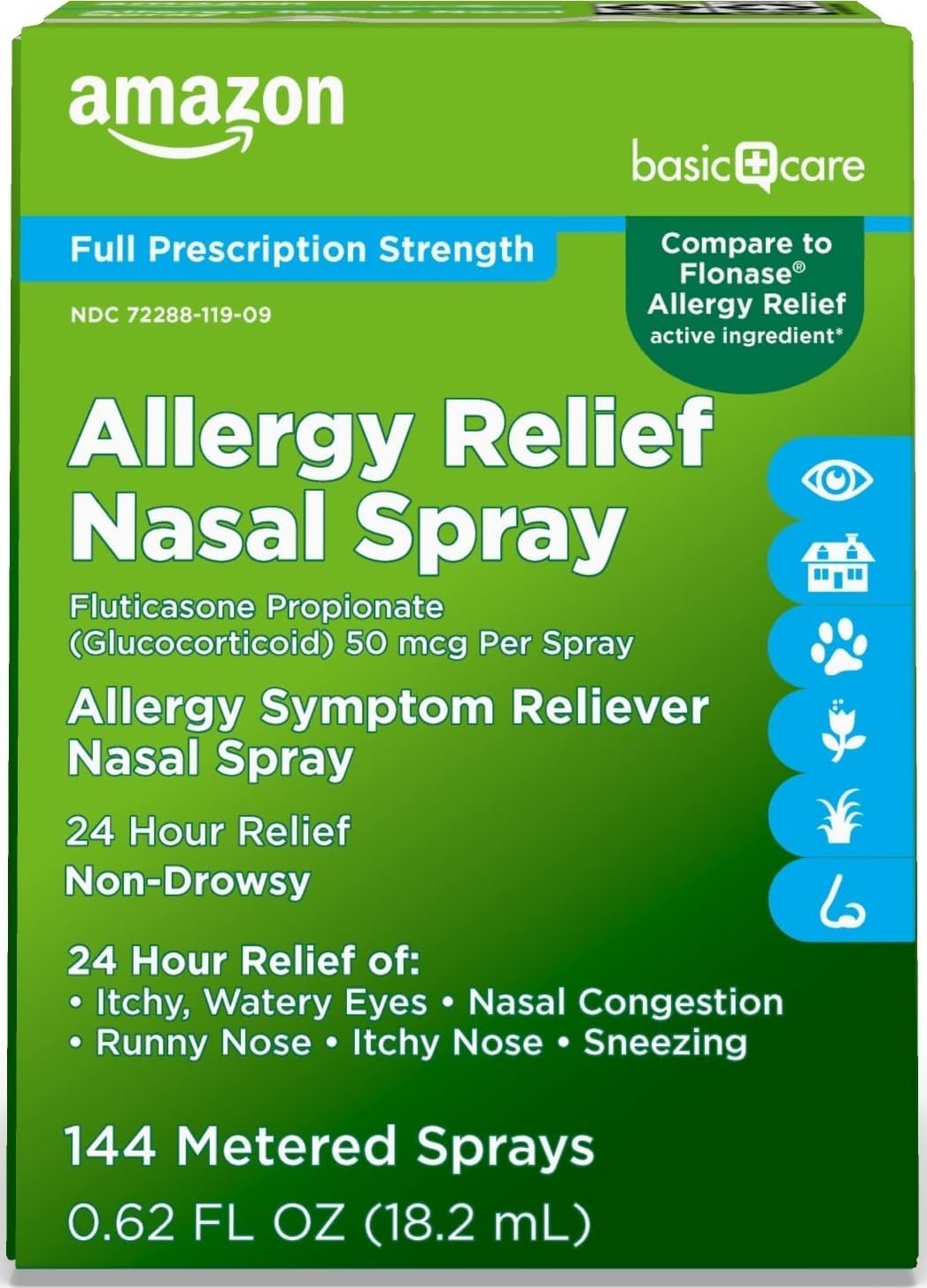 Amazon Basic Care 24-Hour Allergy Relief Nasal Spray, Fluticasone Propionate (Glucocorticoid), 50 mcg, Full Prescription Strength, Non-Drowsy, 0.62 Fl Oz