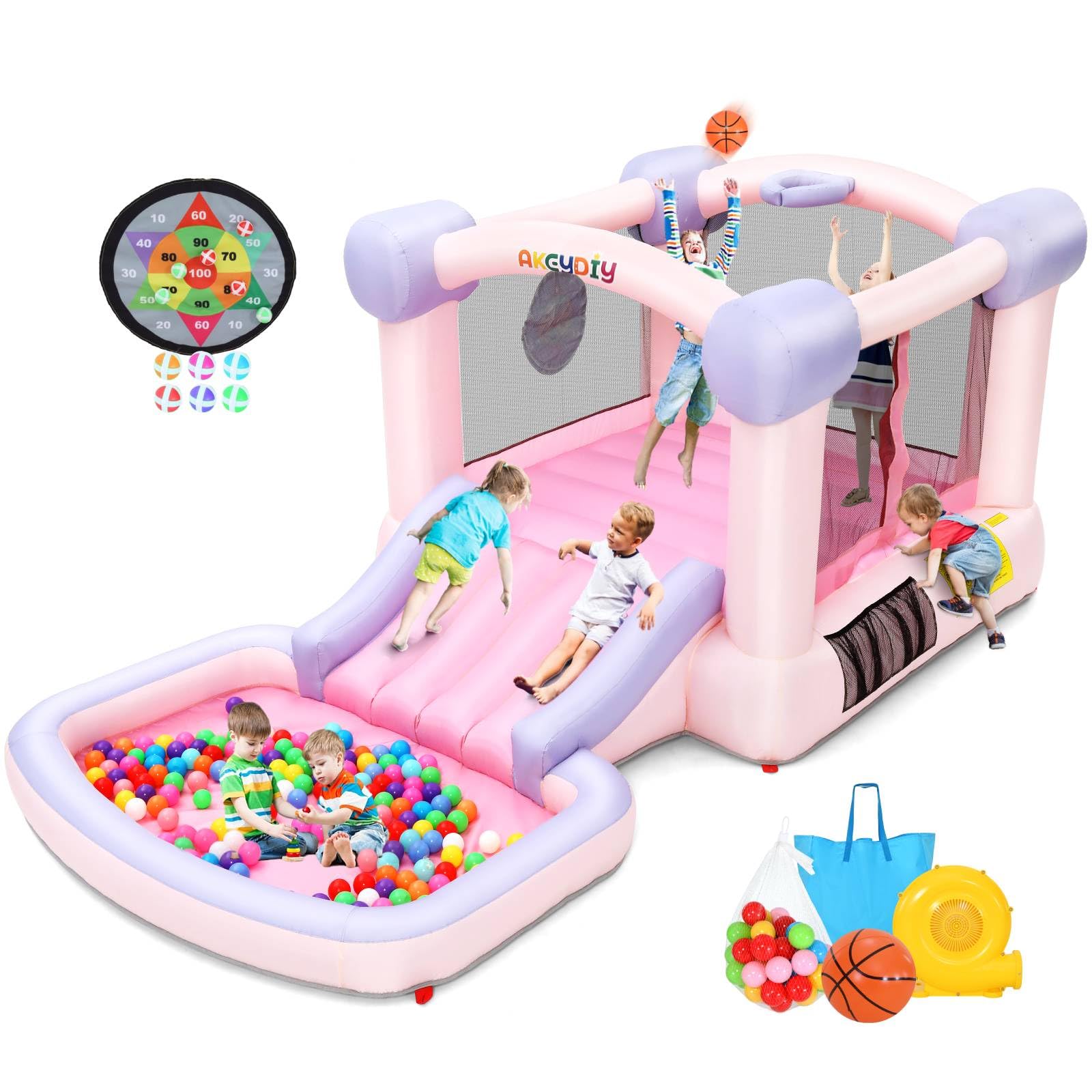 AKEYDIY Bounce House with Blower, 161x82x63 Inch Inflatable Bounce House Castle with Ball Pit and Slide, Pink Jumper Bouncy House Backyard Indoor Fun for Kids Birthday Party
