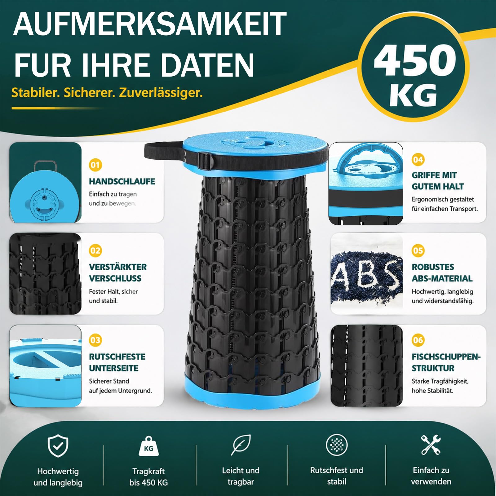 COOLYNX Przenośny mini teleskopowy stołek składany, ulepszony, grubszy stołek, obciążenie 450 kg, lekki, składany, idealny na kemping, do wędkowania, wędrówek, grillowania (niebieski)