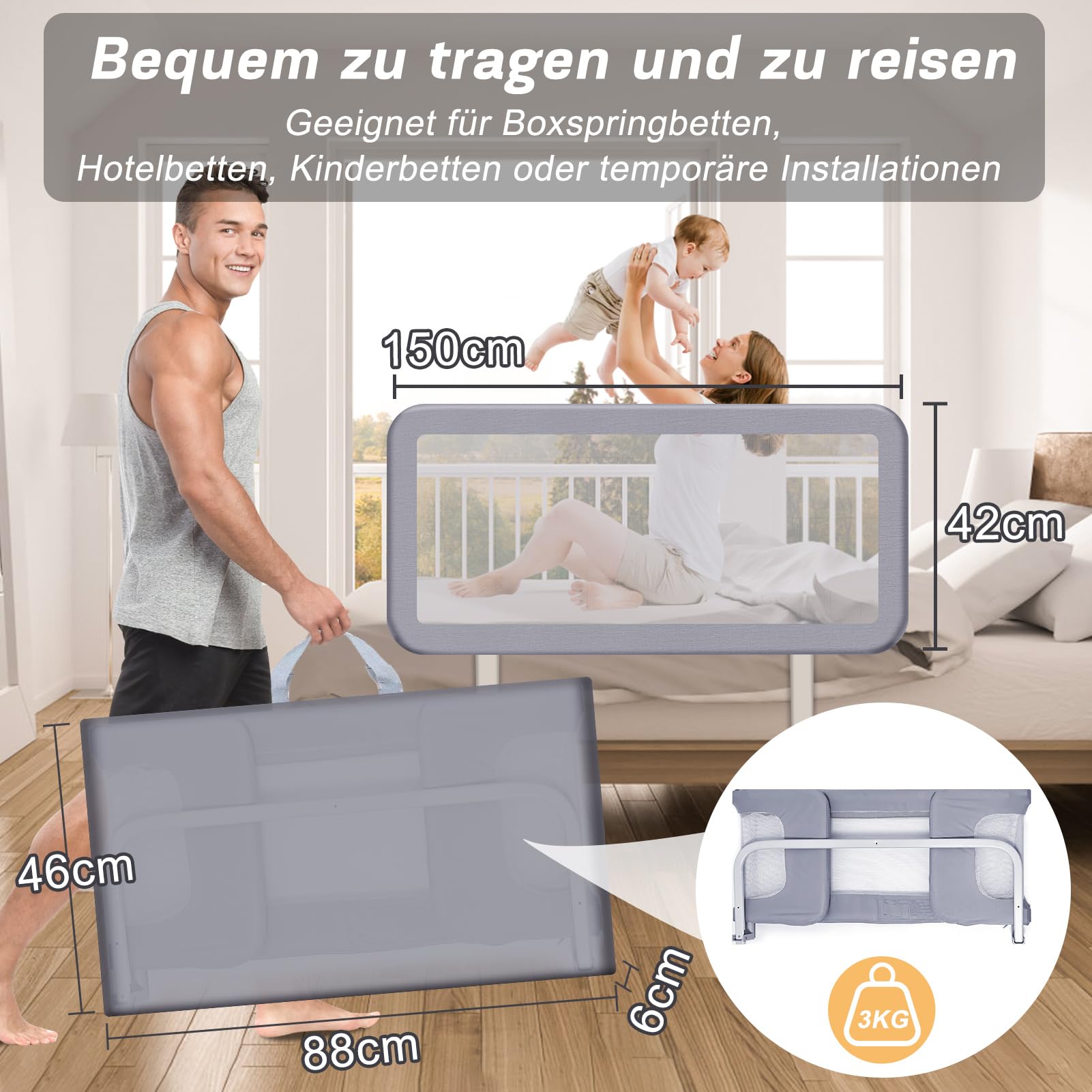YIKANWEN Tragbare Bettgitter 175cm, Bettschutzgitter für Kinder ab 0 Monate-10 Jahren, Rausfallschutz für Kinderbetten,Boxspringbetten