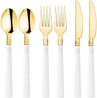 N9R 90pcs Gold and White Disposable Silverware, Elegant Plastic Silverware with White Handle Include 30 Forks, 30 Spoons, 30 Knives, High End Disposable Cutlery for Wedding, Party and Daily Use