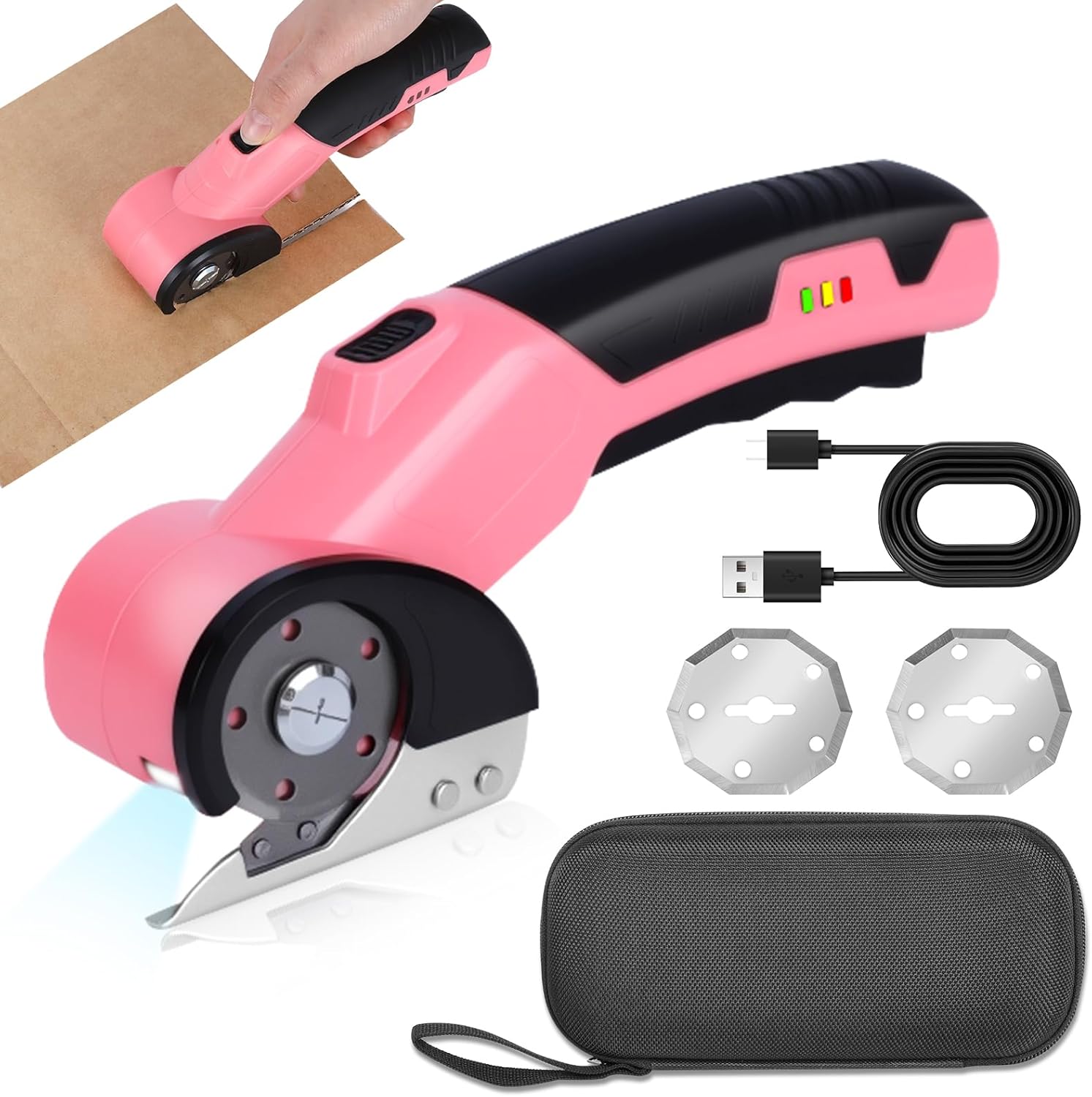 Cordless Electric Scissors, 4.2V 2000mAh Mini Rechargeable Cardboard Rotary Cutter, Effortless Cutting with LED Light & Safety Lock 2 Blades Box Cutter for Fabric Carpet Carton Plastic Leather Cloth