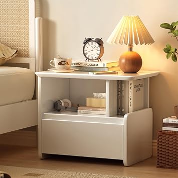 Dark Wood Night Stand Retro Nightstand  Rectangle End Table with Storage, Fully Assembled Nightstand sode Table Phone Table for Bedroom Living Room OfficeWhite