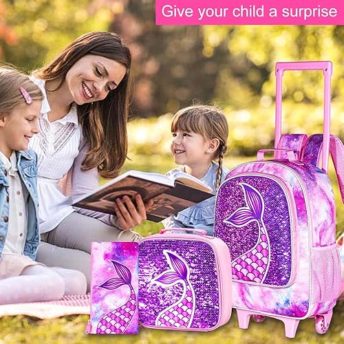 Miniatura 7 de AGSDON Mochila con Ruedas de 3 Piezas para Niñas y Niños, Mochila con Ruedas para Libros, Bolsa Escolar con Ruedas con Bolsa de Almuerzo