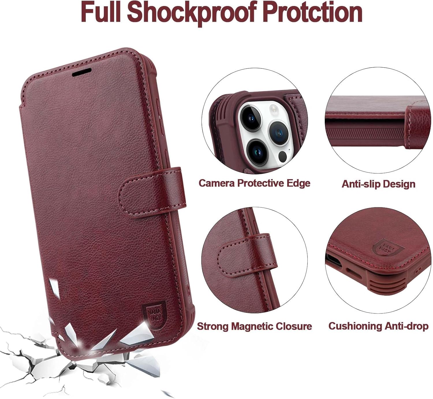 VANAVAGY Compatible for iPhone 14 Pro Max Wallet Case for Women Men, PU Leather Flip Cover with Wrist Strap for Wireless Charging with RFID Blocking Card Holder Screen Protector,Burgundy