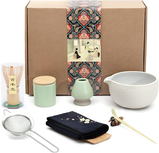Artcome Japoński zestaw do herbaty Matcha, miska do matcha z wylewką, trzepaczka do matcha, łopatka do herbaty, ceramiczny uchwyt na trzepaczkę, pojemnik na matcha w proszku, ręcznie robiony zestaw do ceremonii matcha, 9 szt