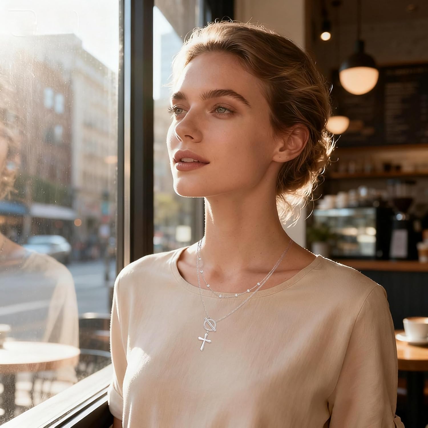 Toggle Necklace for Women Sterling Silver Cross Paperclip Double Chain Necklace Cross Religious Dangle Jewelry Mothers Day Birthday Gifts - Image 9